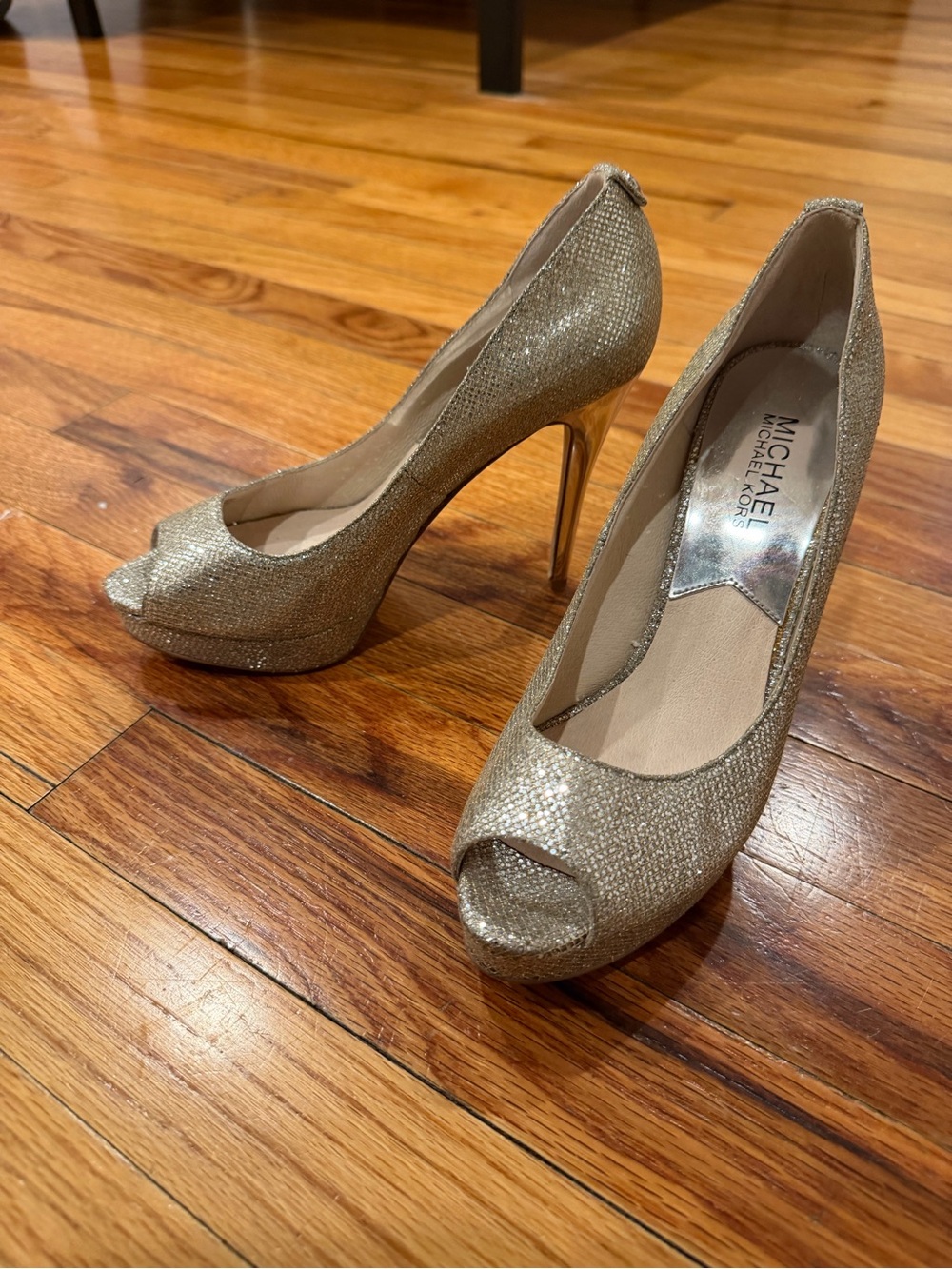 Michael Kors Glitter Gold Peep-Toe Stiletto Pumps